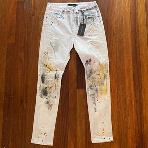 Men’s Sz 32” White Paint Splatter Jean. Slim Tapered Fit, Brand New w/ Tags
